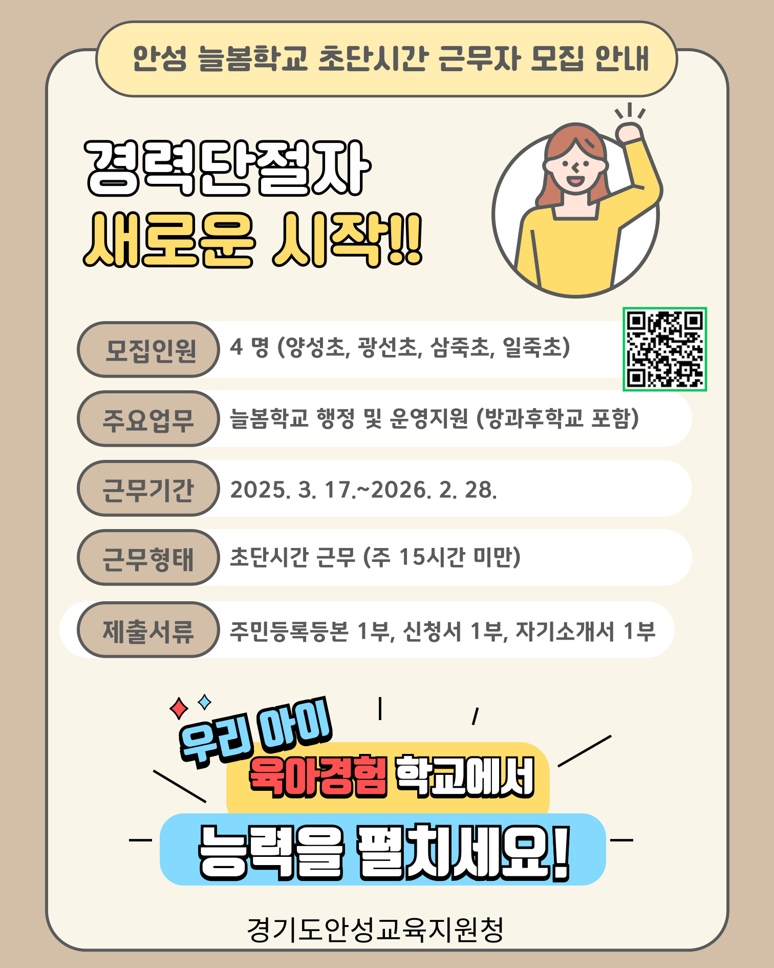 안성 늘봄학교 초단시간 근무자 모집 안내 경력단절자 새로운 시작!! 모집인원 4명(양성초,광선초,삼죽초,일죽초) 주요업무 늘보학교 행정 및 운영지원(방과후학교 포함) 군무기간 2025.3.17.~2026.2.28. 근무형태 초단시간 근무(주 15시간 미만) 제출서류 주민등록등본 1부,신청서 1부,자기소개서 1부 우리 아이 육아경험 학교에서 능력을 펼치세요! 경기도안성교육지원청 (QR코드 제목:공지사항 < 알림마당 | 경기도안성교육지원청 링크:https://www.goean.kr/goean/na/ntt/selectNttInfo.do?mi=4447&bbsId=2721&nttSn=1061178)